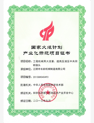國家火炬示范項(xiàng)目證書（大流量超高壓接頭）